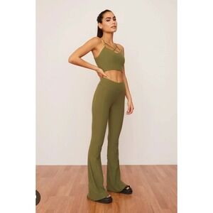 Wolven Olive Green Crossover V-Waist Bell Bottom Flare Leggings Womens Small